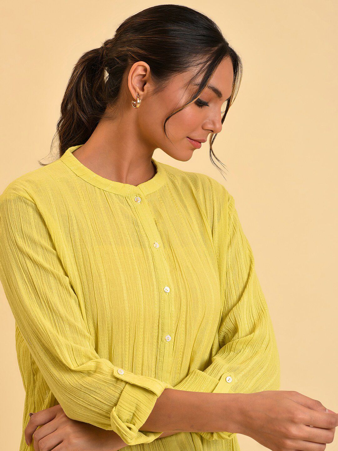 W Green Cotton Shirt Style Top