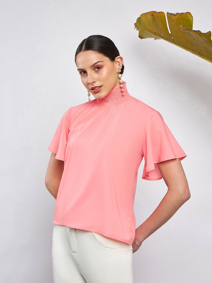 SASSAFRAS Peach-Coloured High Neck Flared Sleeve Smocked Georgette Top