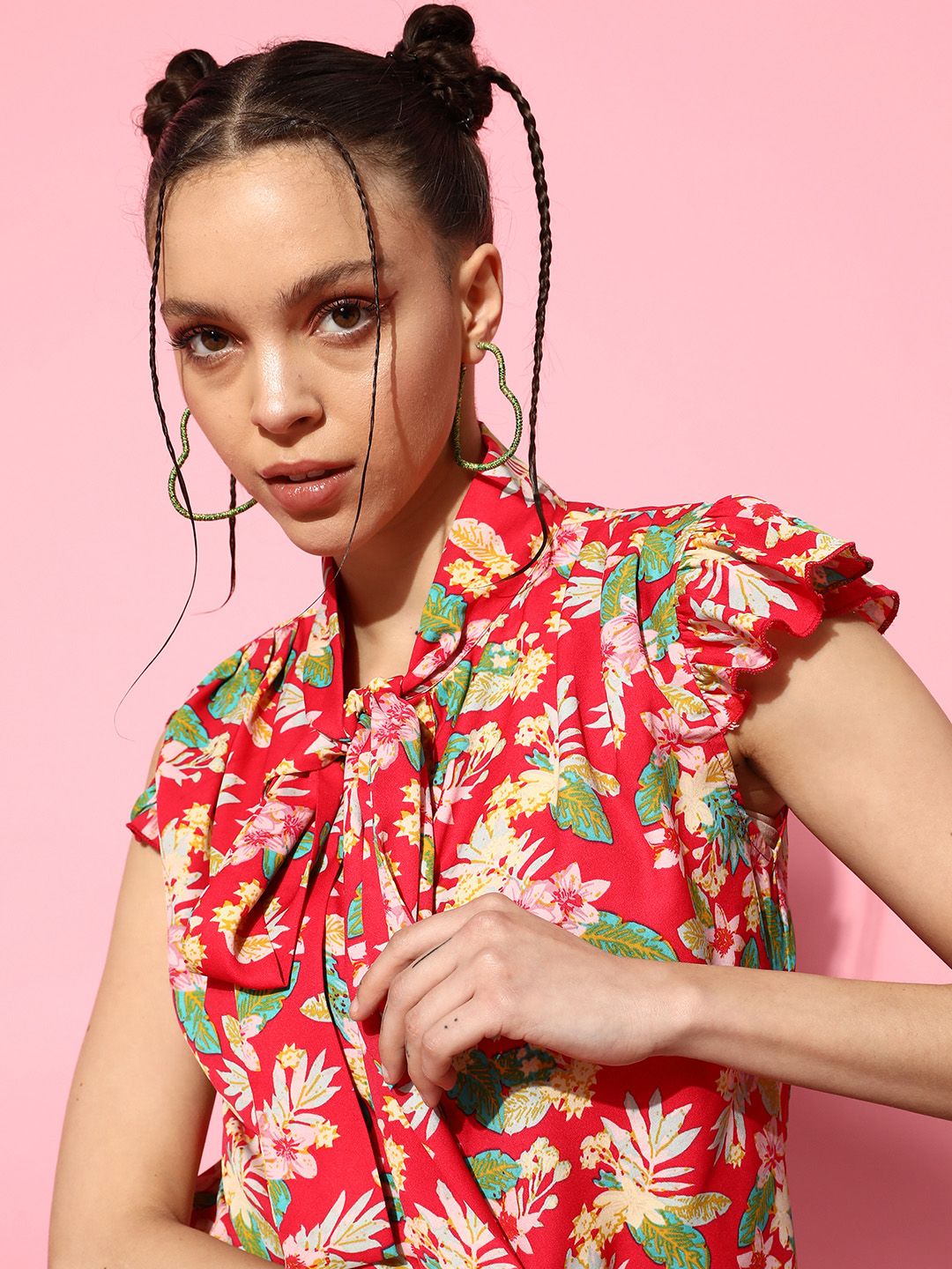Berrylush Women Floral Print Tie-Up Neck Ruffles Crepe Top