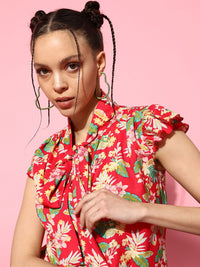 Berrylush Women Floral Print Tie-Up Neck Ruffles Crepe Top