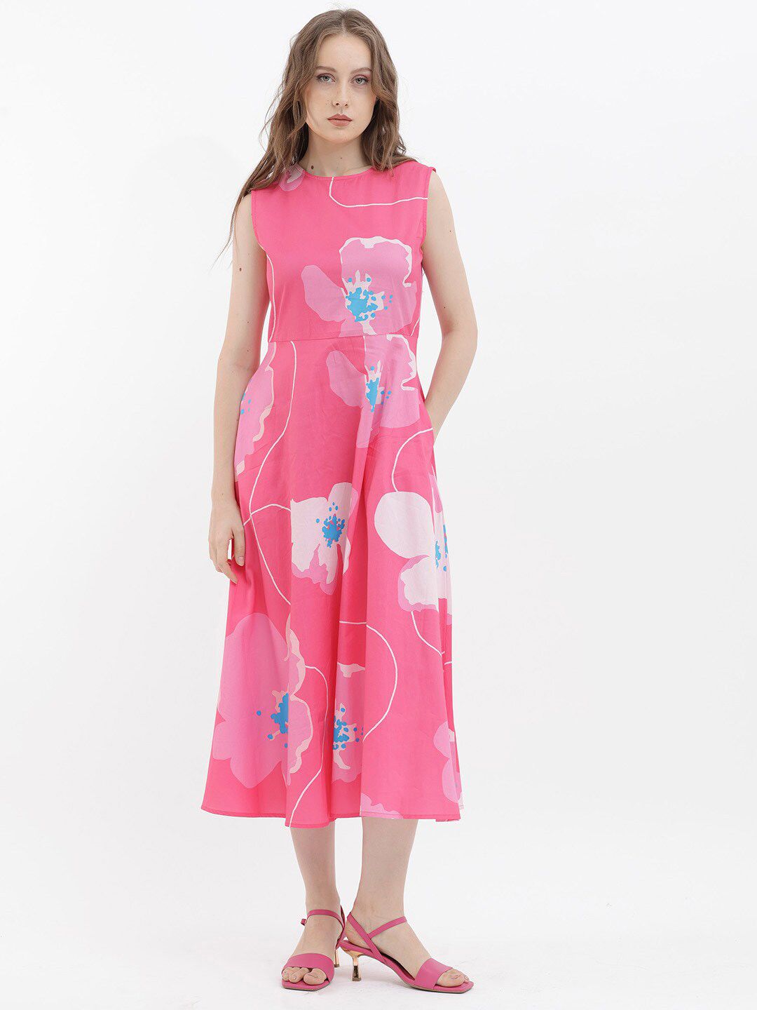RAREISM Floral Print Sleeveless Fit & Flare Cotton Midi Dress