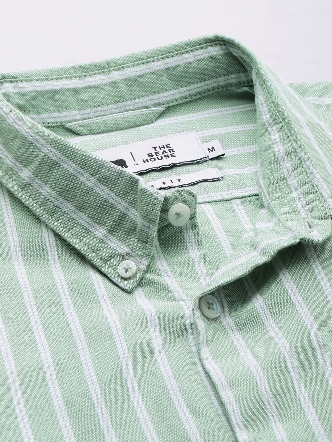THE BEAR HOUSE Men Green Pure Cotton Slim Fit Striped Casual Shirt