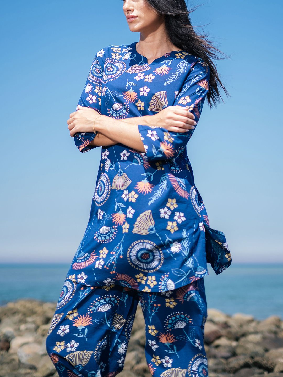 SANSKRUTIHOMES Ethnic Motif Pure Cotton Top & Trouser Co-Ord Set