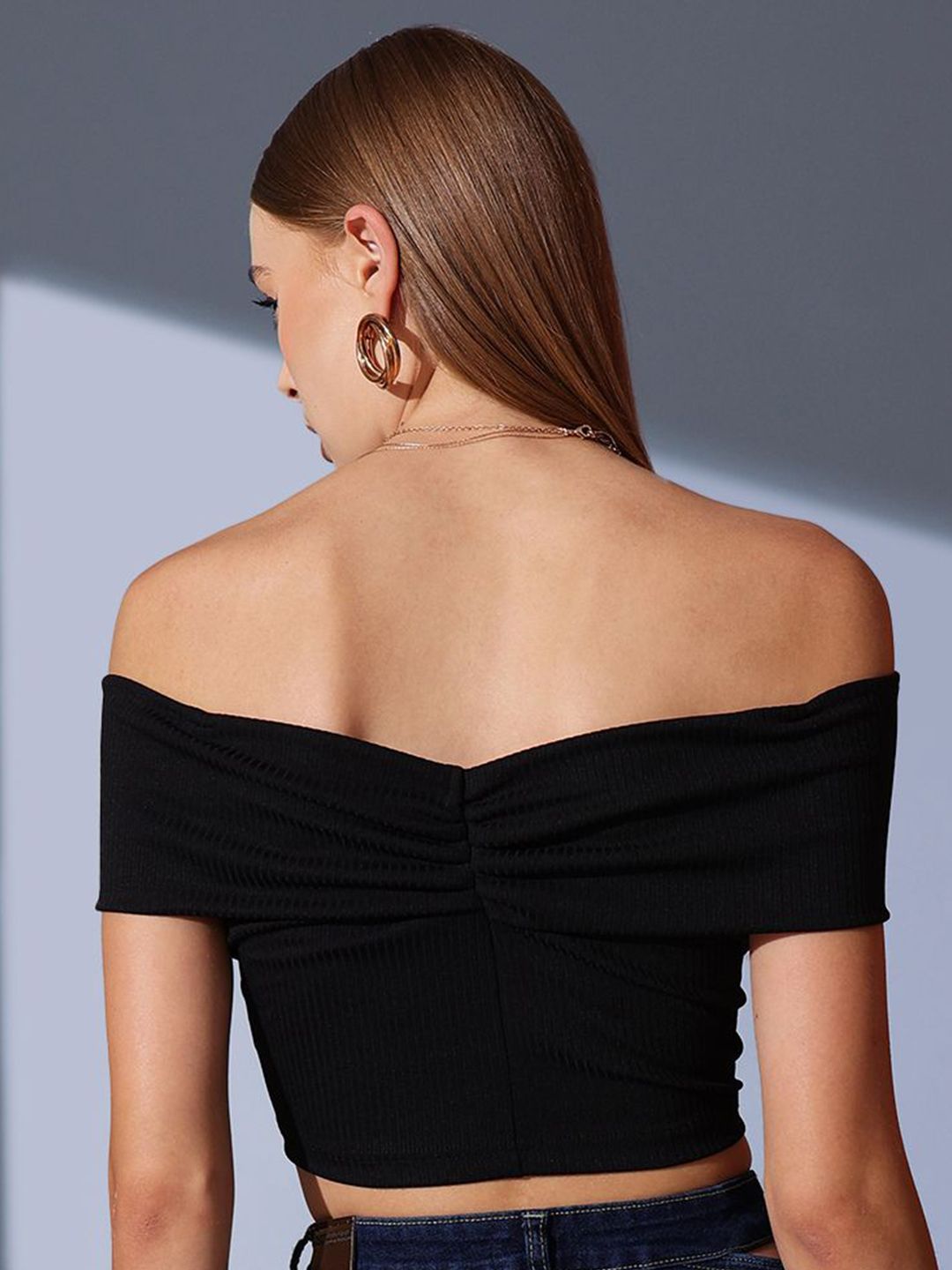STREET 9 Off-Shoulder Solid Crop Bardot Top