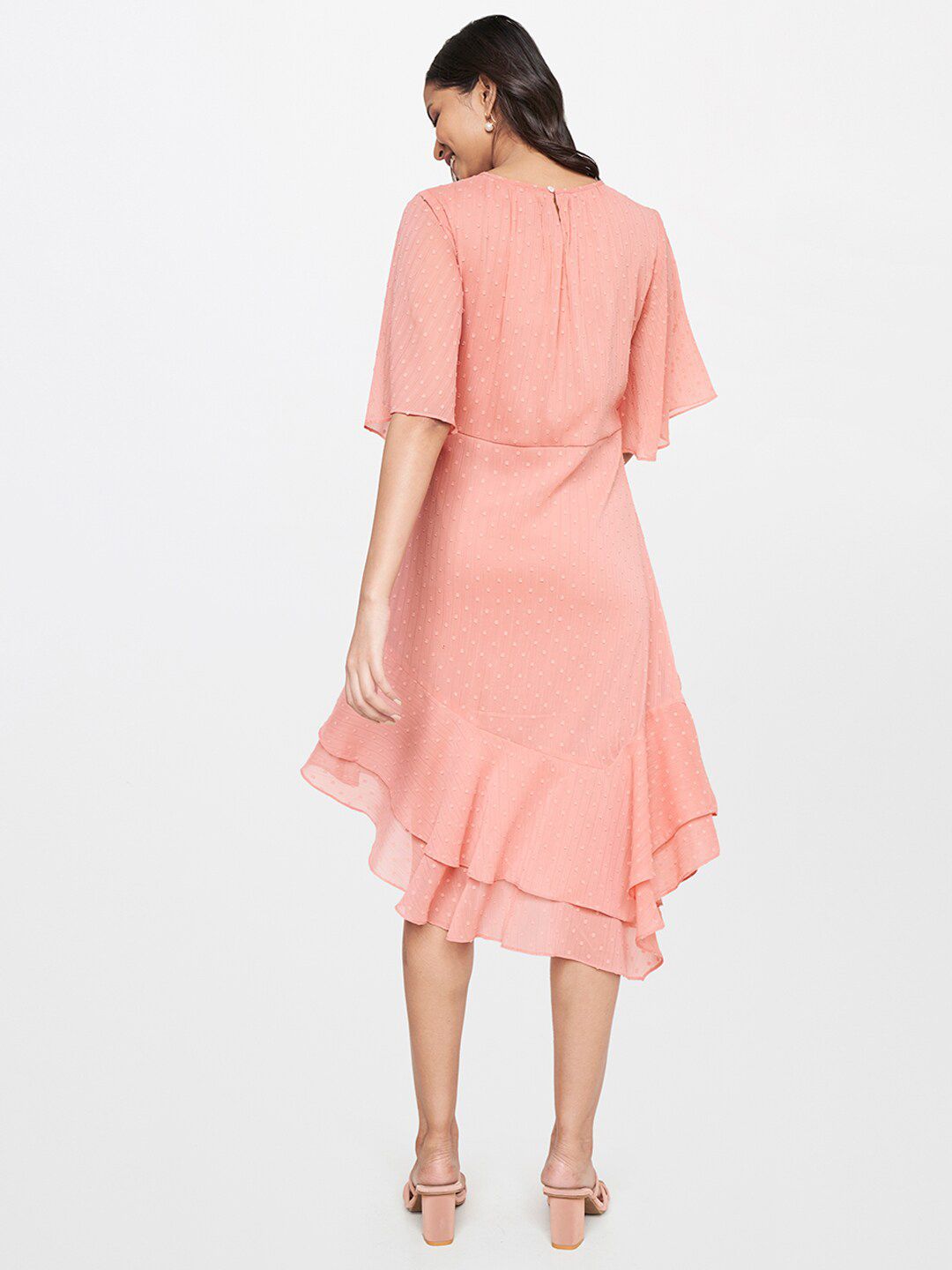 AND Peach-Coloured Dobby A-Line Dress