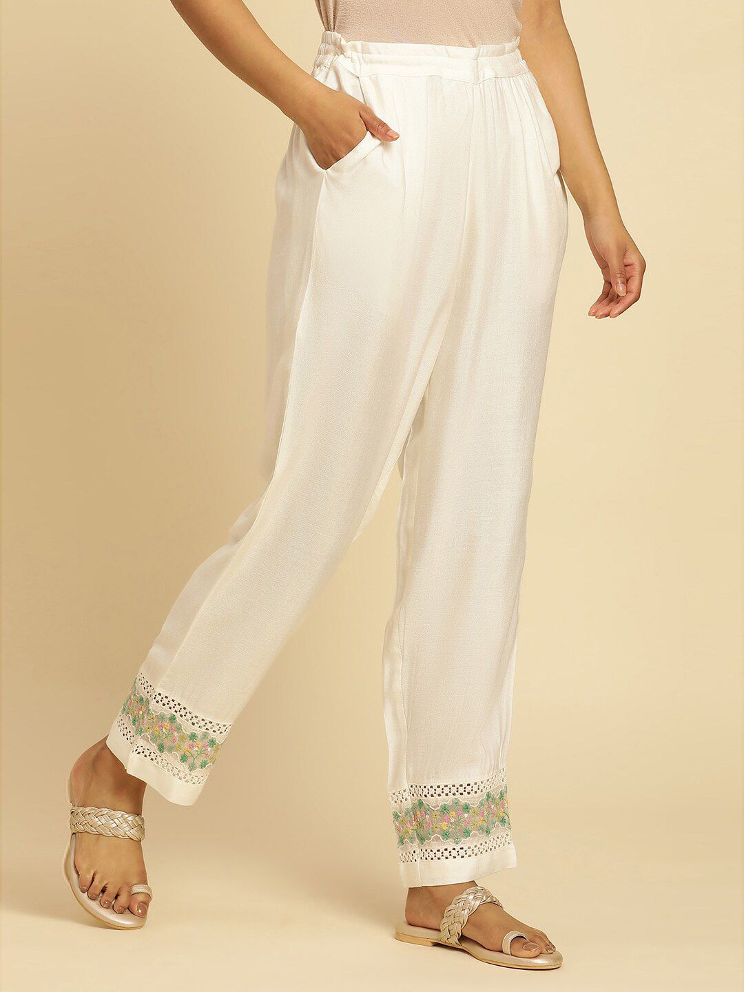 W Women Off White Straight Fit Ethnic Trouser