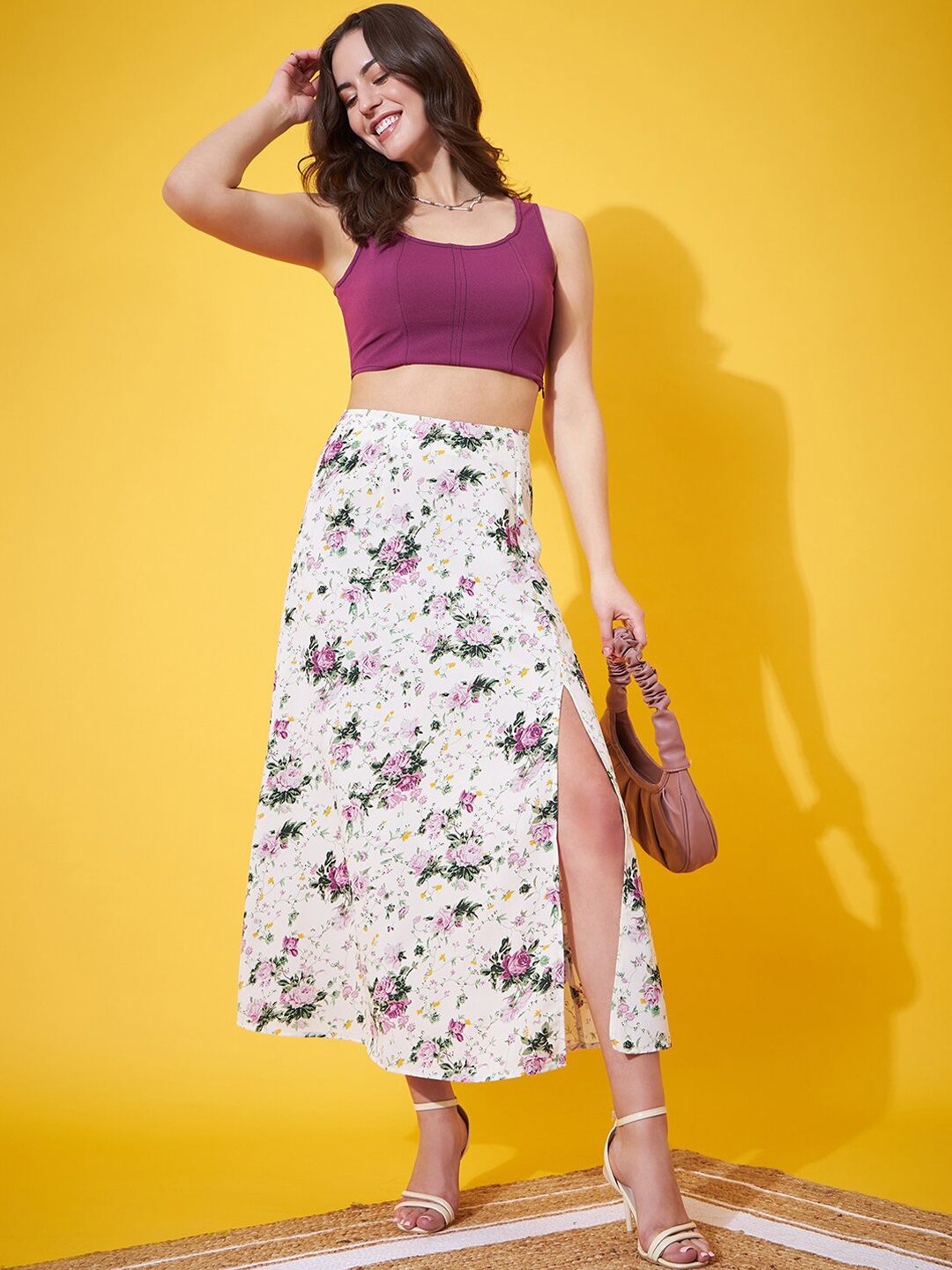 Berrylush Floral Printed High Rise A-Line Midi Skirt