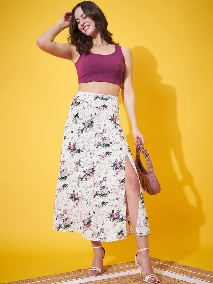 Berrylush Floral Printed High Rise A-Line Midi Skirt