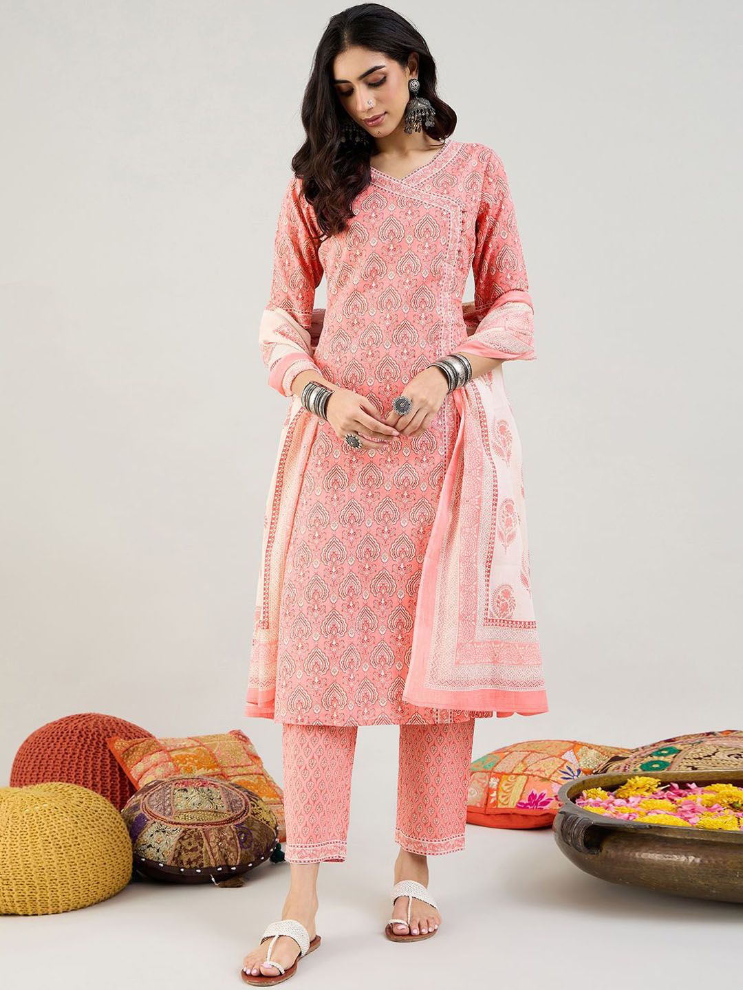 Indo Era Ethnic Motifs Printed Angrakha Pure Cotton Kurta With Trousers & Dupatta