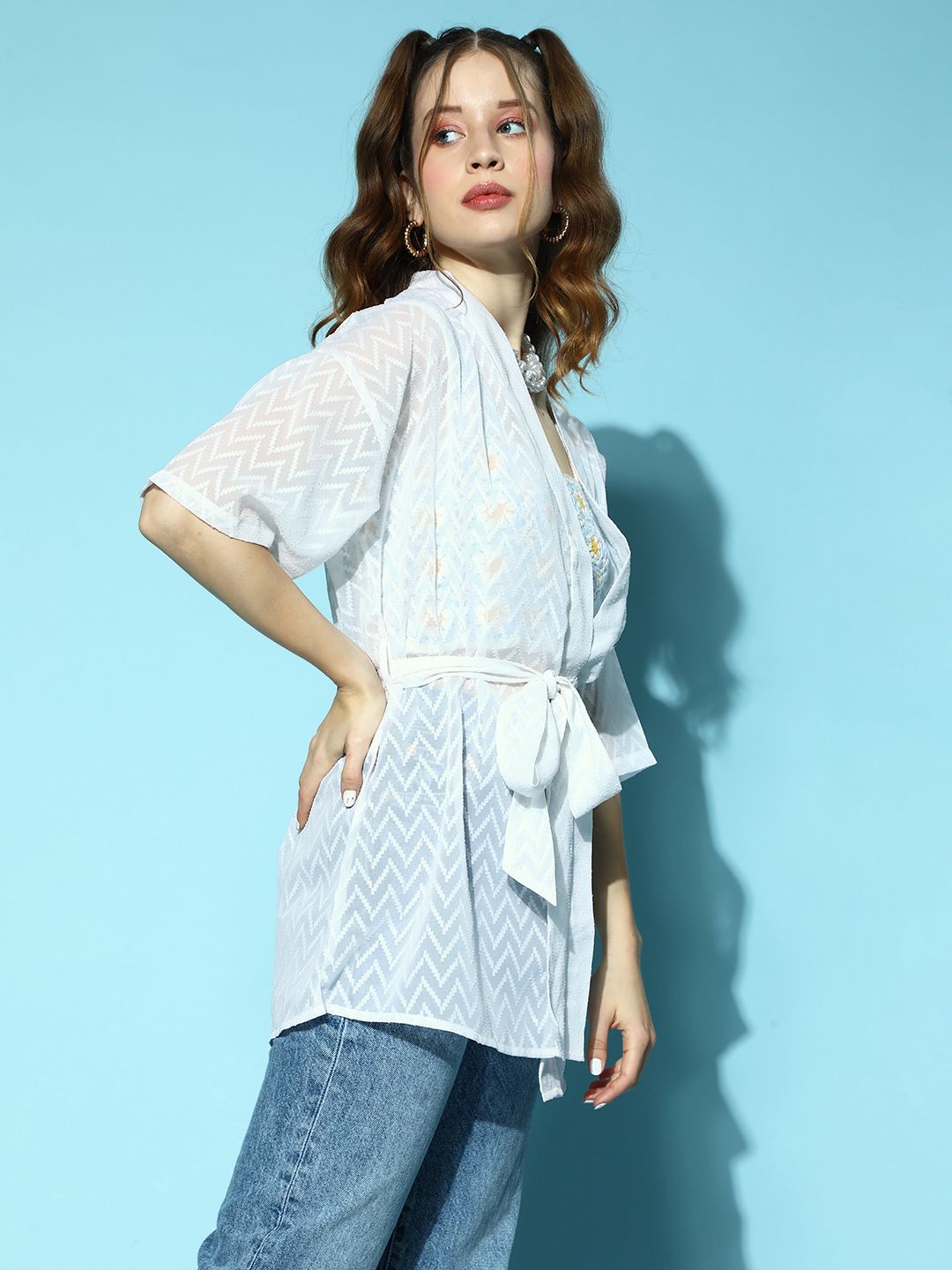 Berrylush Women Classic White Printed Sheer Shrug