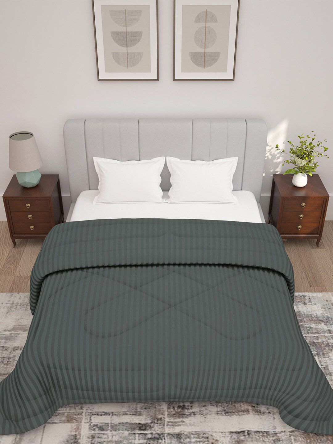 Story@home Charcoal Grey Striped 180 GSM Ac Room Reversible Double Bed Comforter