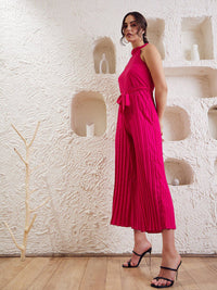 Berrylush Pink Halter Neck Pleated Culotte Jumpsuit