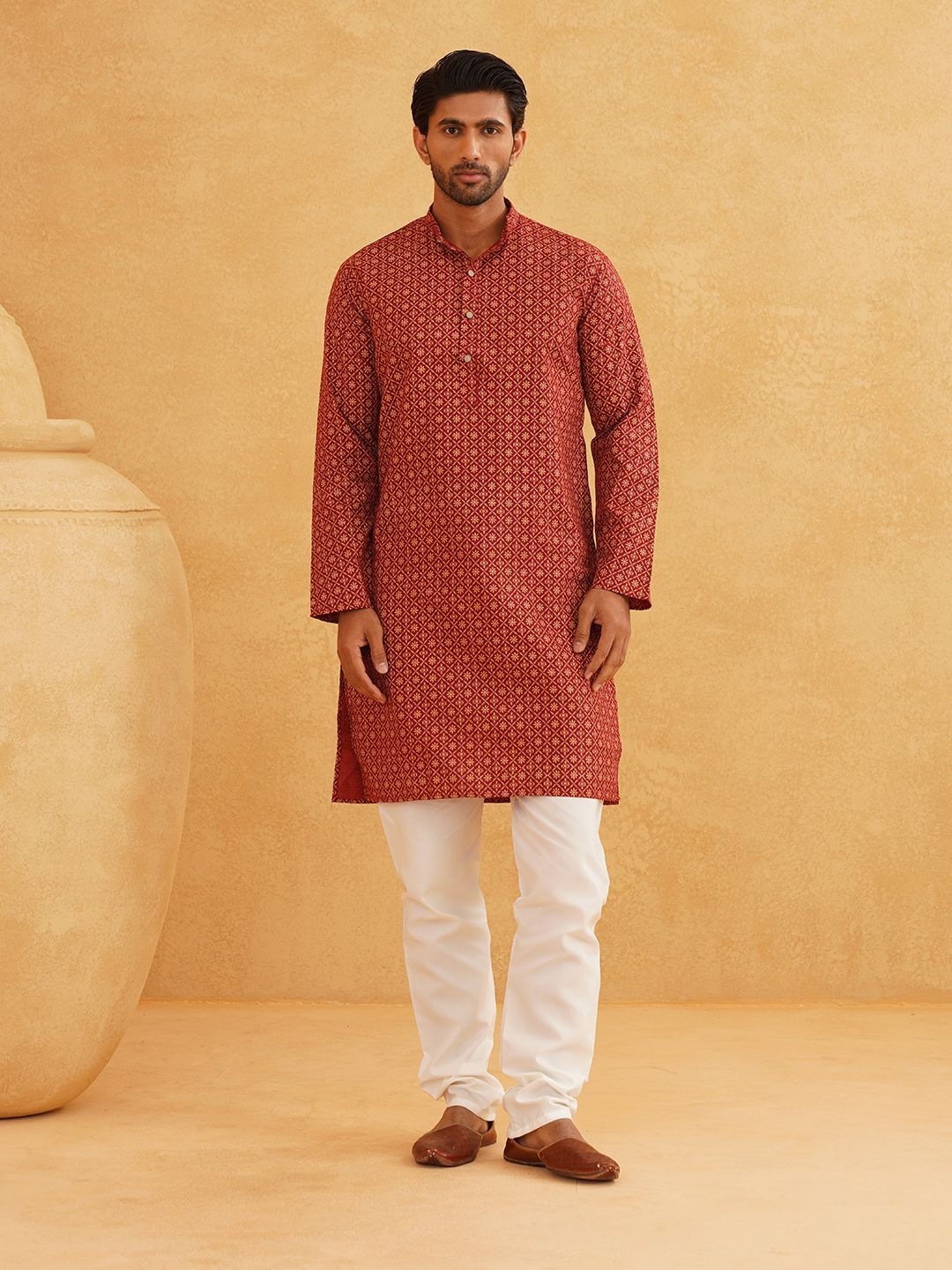 SOJANYA Motif Etnik Printed Mandarin Collar Cotton Linen Kurta Lurus Dengan Churidar