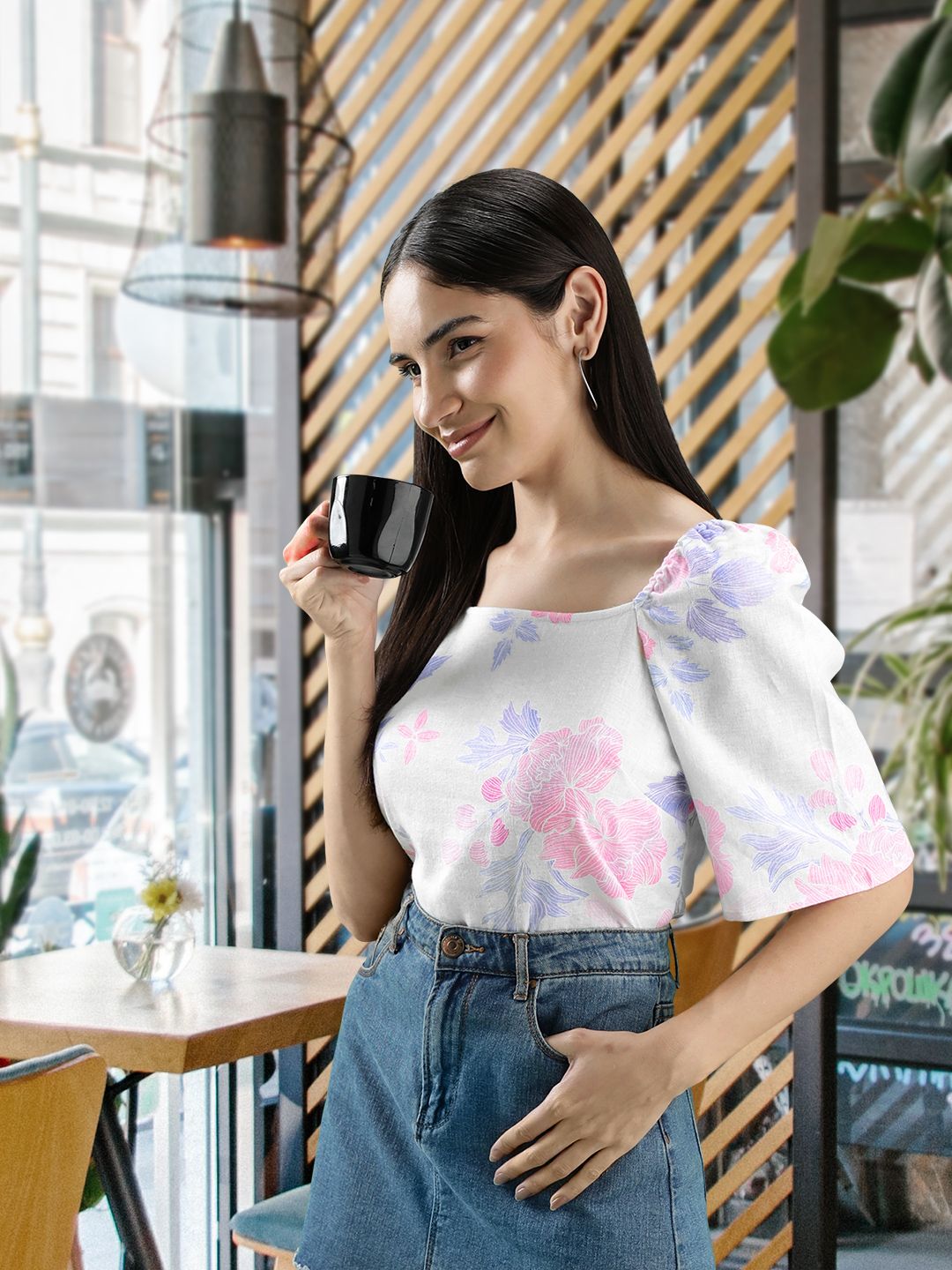 AND Floral Printed Puff Sleeves Linen Top