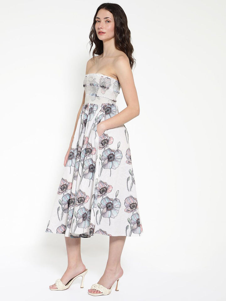 Rareism Off Shouler Floral Printed Cotton Fit & Flare Midi Dress