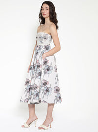Rareism Off Shouler Floral Printed Cotton Fit & Flare Midi Dress