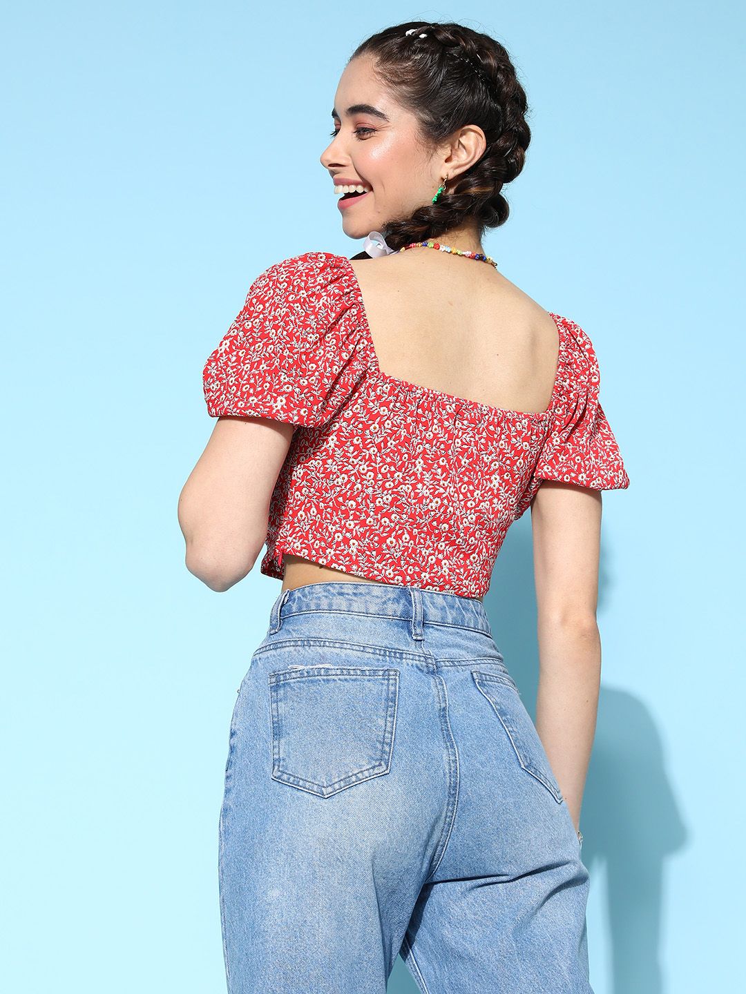 Berrylush Floral Print Puff Sleeve Crepe Crop Top