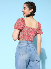 Berrylush Floral Print Puff Sleeve Crepe Crop Top