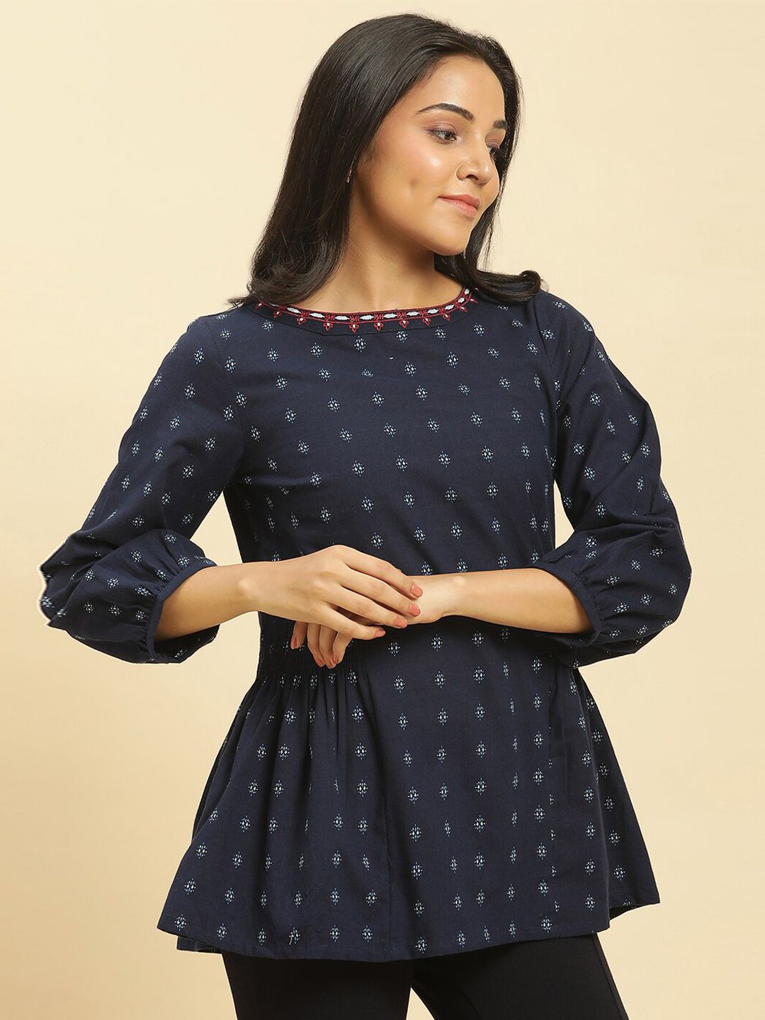 W Ethnic Motifs Printed Puff Sleeves Cotton Peplum Top