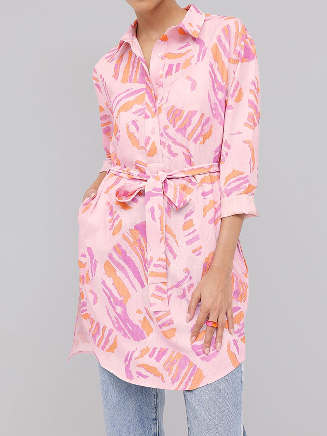 DressBerry Heritage-Inspired Printed Waist Tie-Up Shirt Style Longline Top