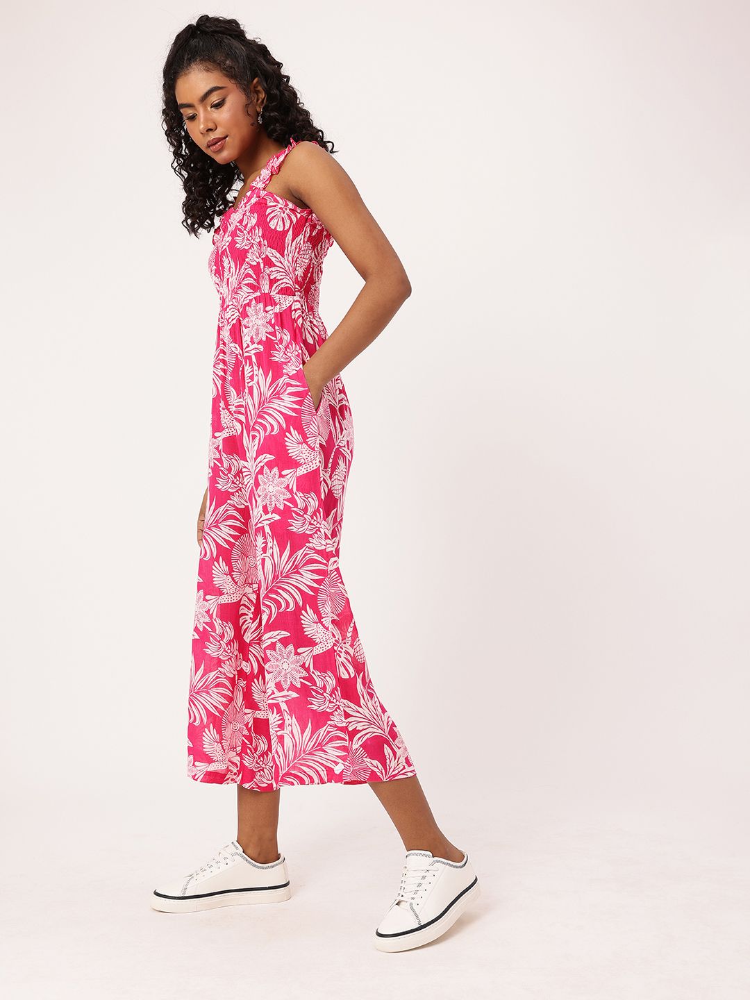 DressBerry Getaway Printed Ruched Shoulder Straps Smocked Jumpsuit