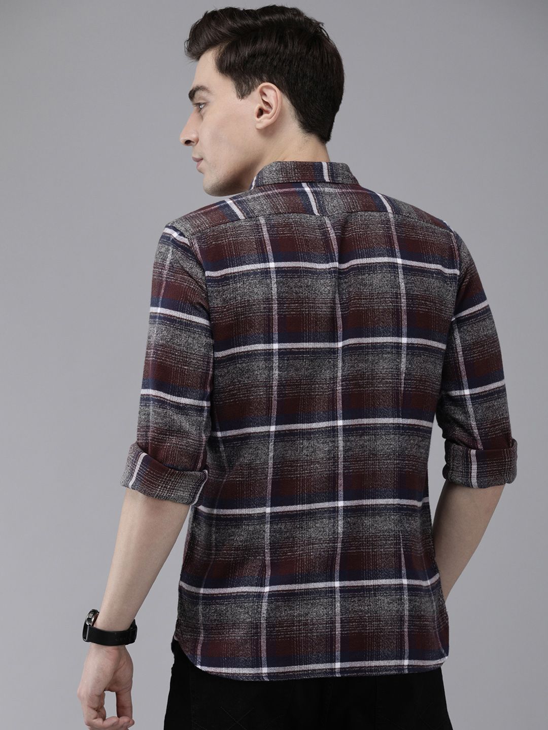 THE BEAR HOUSE Men Grey & Brown Slim Fit Tartan Checked Flannel Pure Cotton Casual Shirt