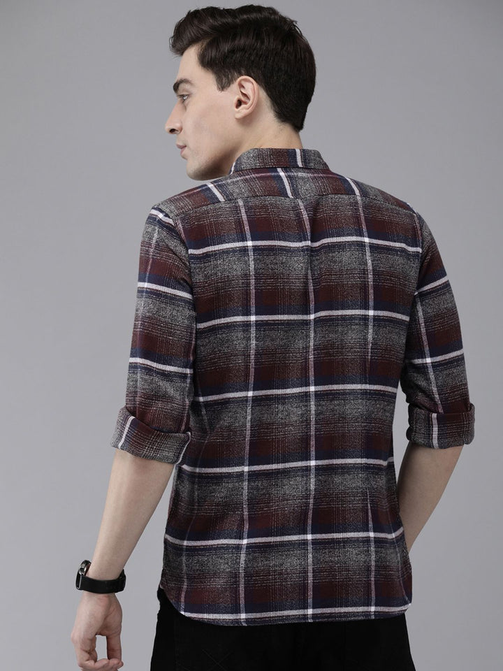 THE BEAR HOUSE Men Grey & Brown Slim Fit Tartan Checked Flannel Pure Cotton Casual Shirt