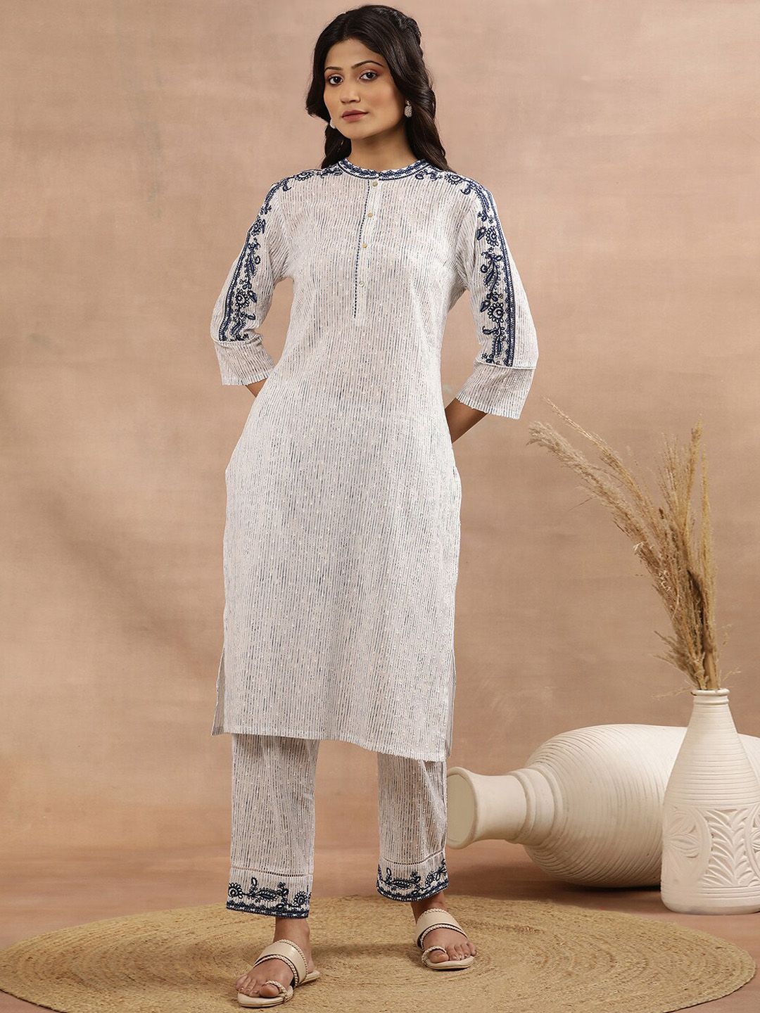 W Striped Thread Work Mandarin Collar Pure Cotton Kurta with Trousers