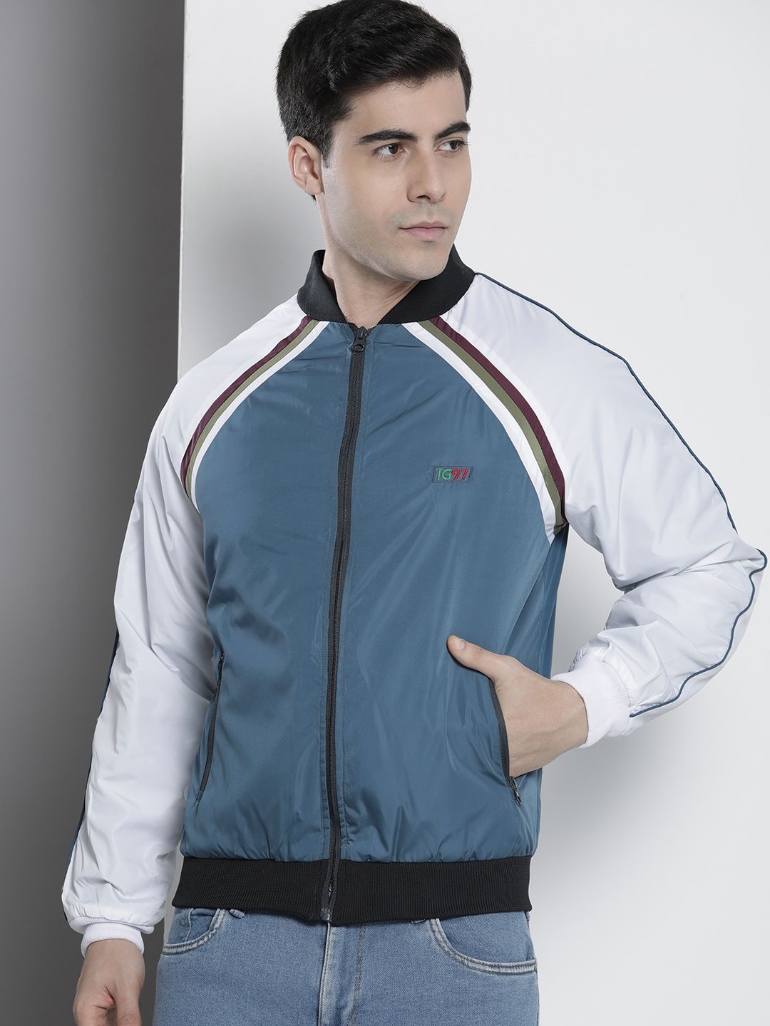 The Indian Garage Co Men Blue White Striped Bomber Jacket
