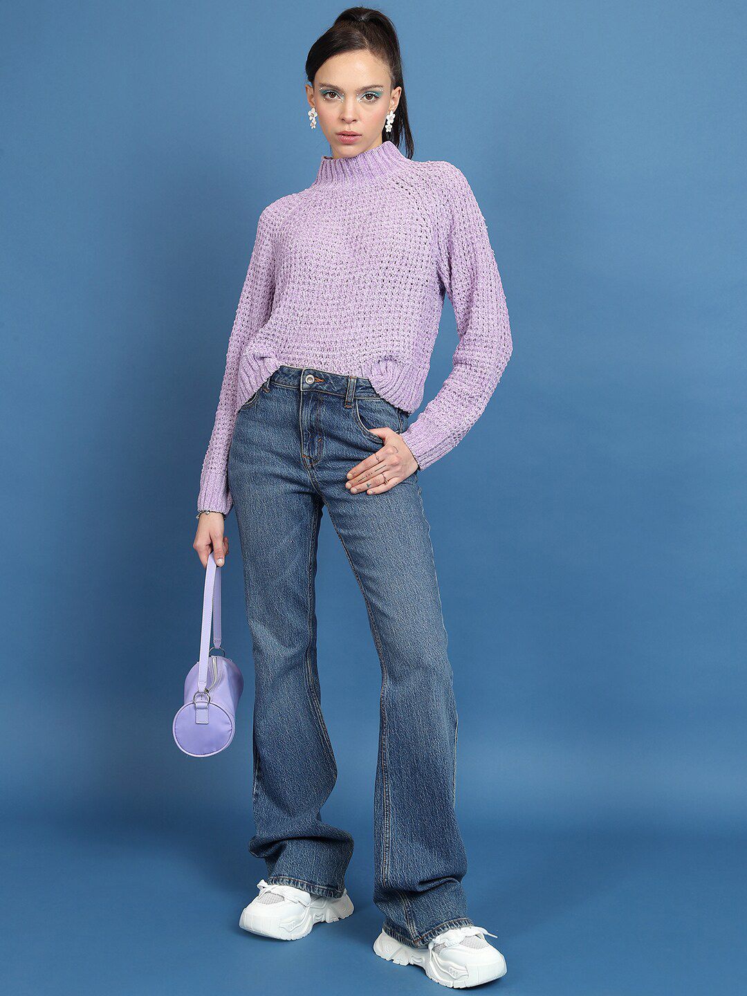 Tokyo Talkies Lavender Open Knit Turtle Neck Crop Acrylic Pullover Sweater