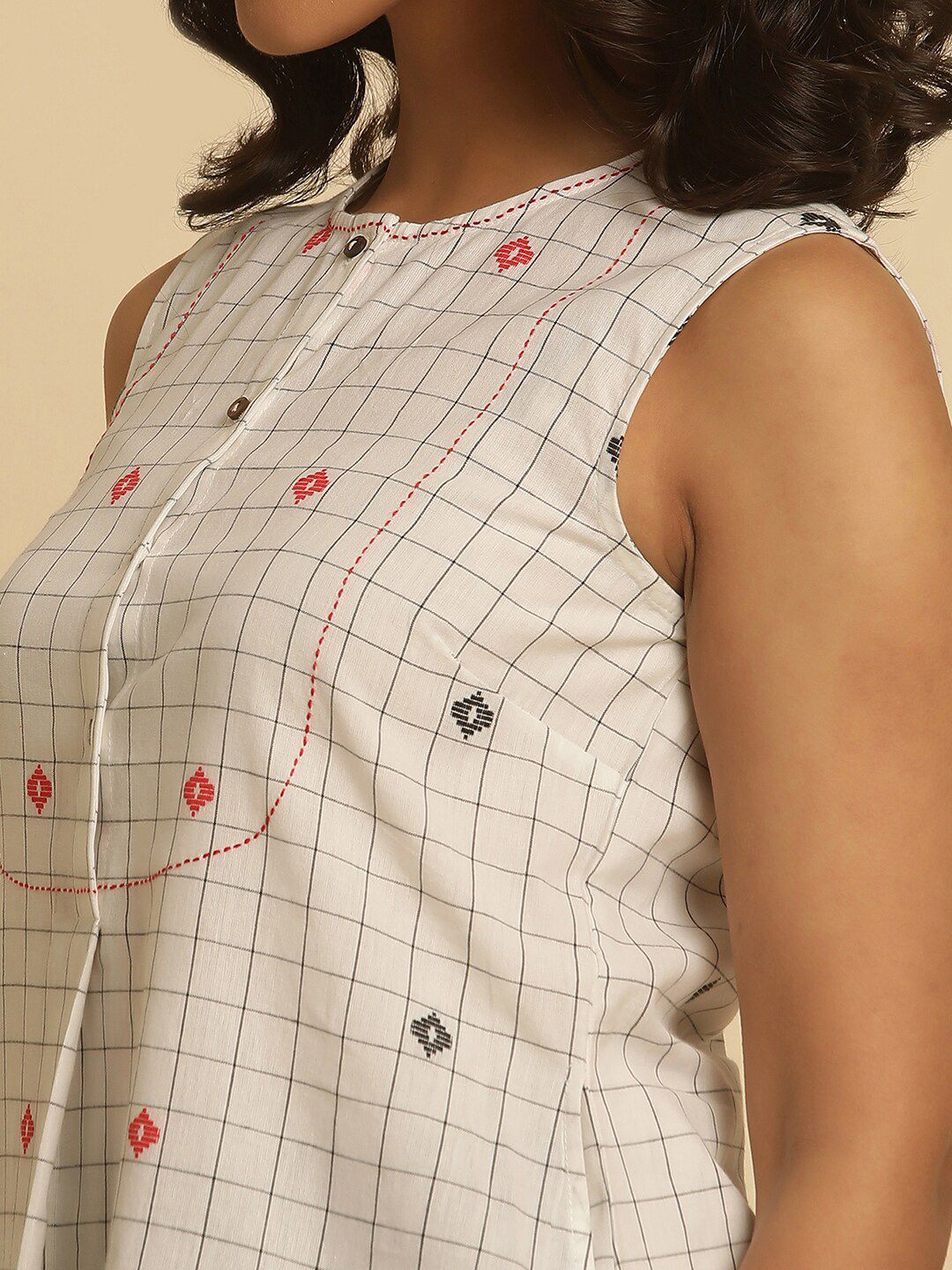 W Checked Sleeveless Pure Cotton Straight Kurti