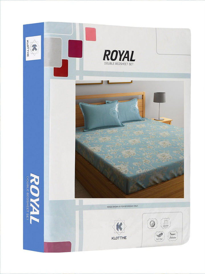 KLOTTHE Turquoise Blue Floral Pure Cotton 400 TC King Superfine Bedsheet with 2 Pillow Covers-106 x 106 inches