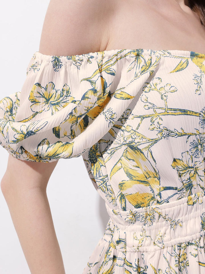 DressBerry Gleeful Spring Florals Bardot Fit & Flare Dress