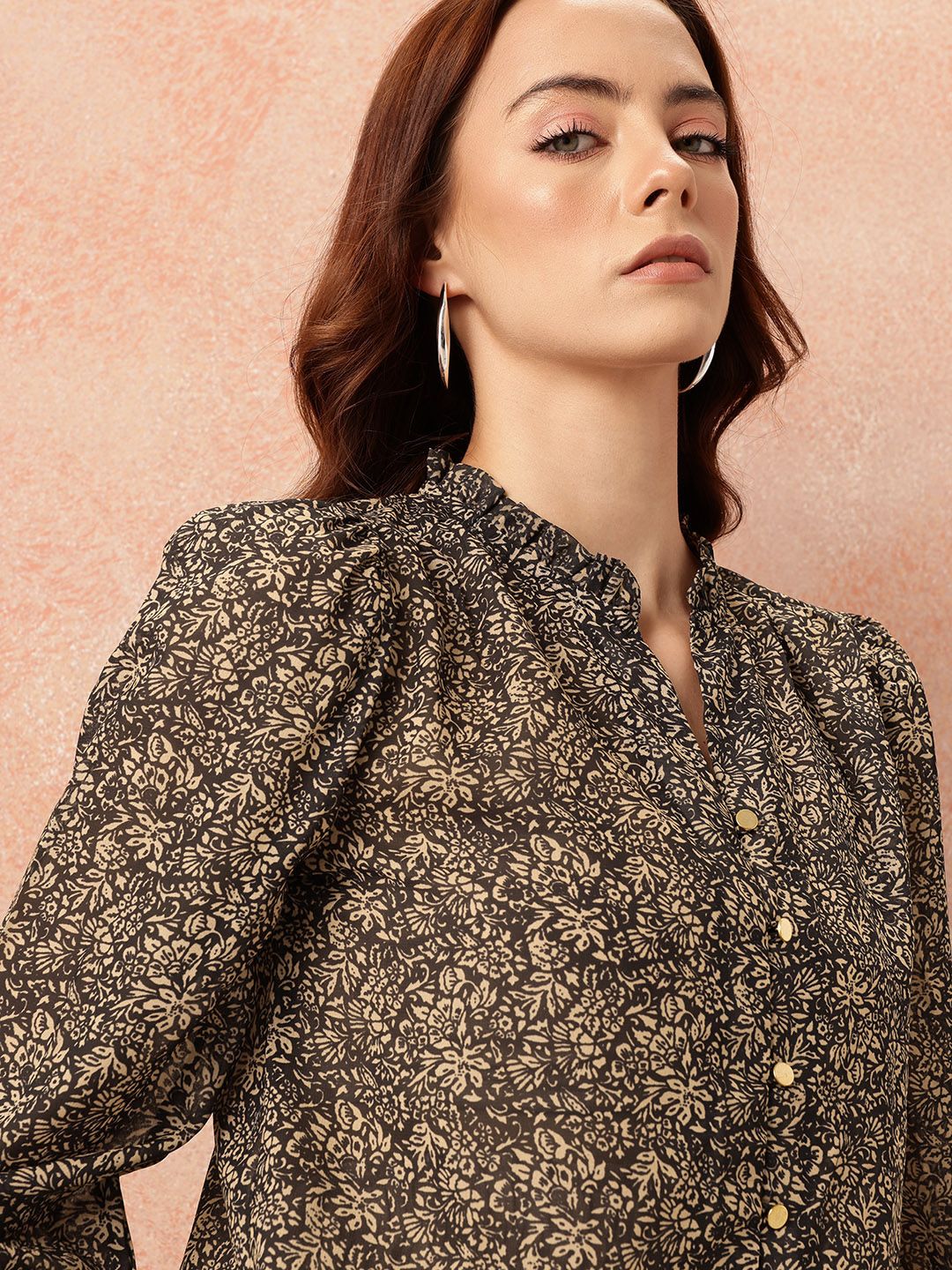 all about you Floral Print Ruffles Detail Georgette Semi-Sheer Button-Down Shirt-Style Top