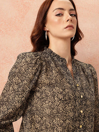 all about you Floral Print Ruffles Detail Georgette Semi-Sheer Button-Down Shirt-Style Top