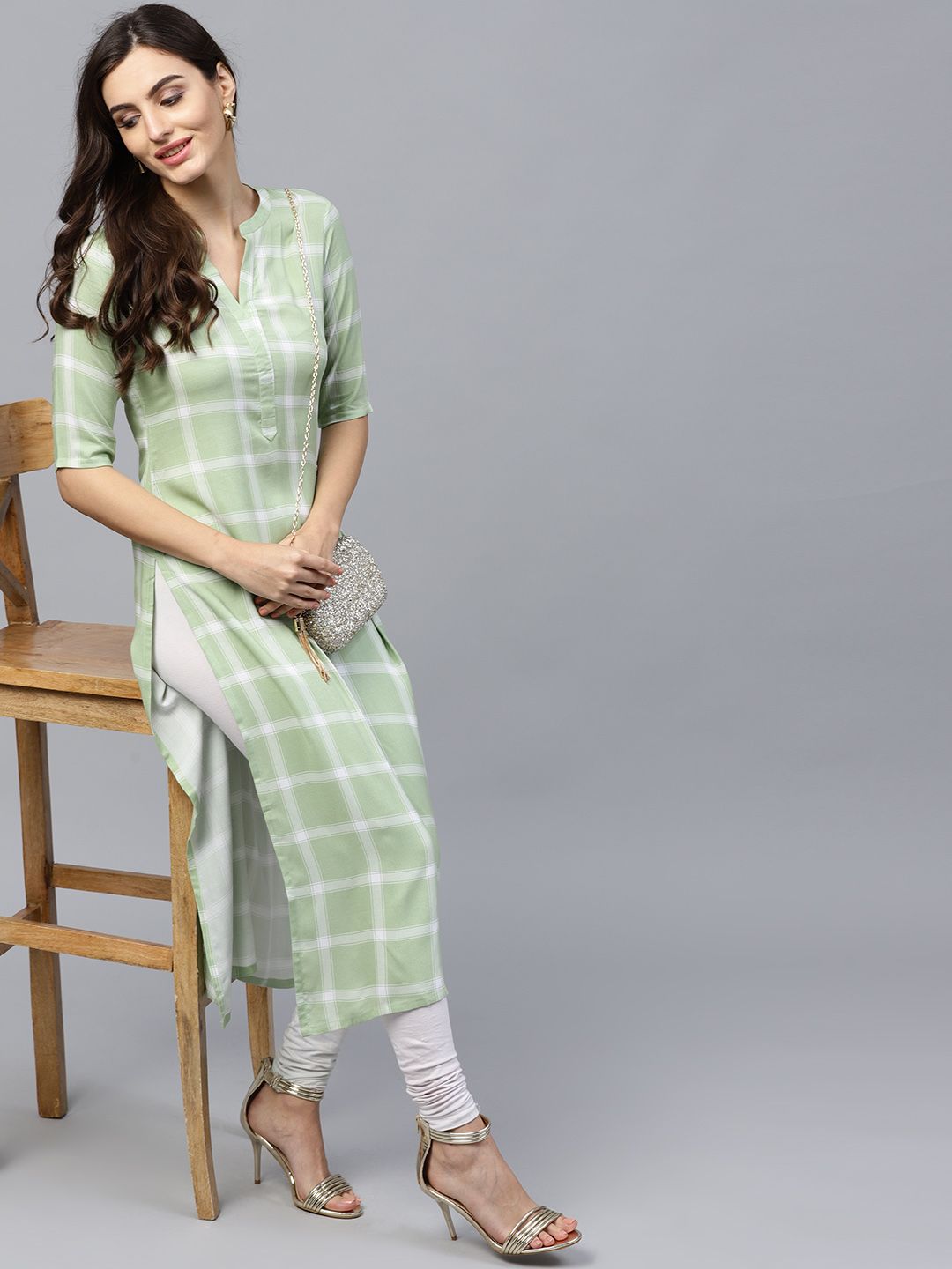 Gerua By Libas Women Green  White Checked Straight Kurta
