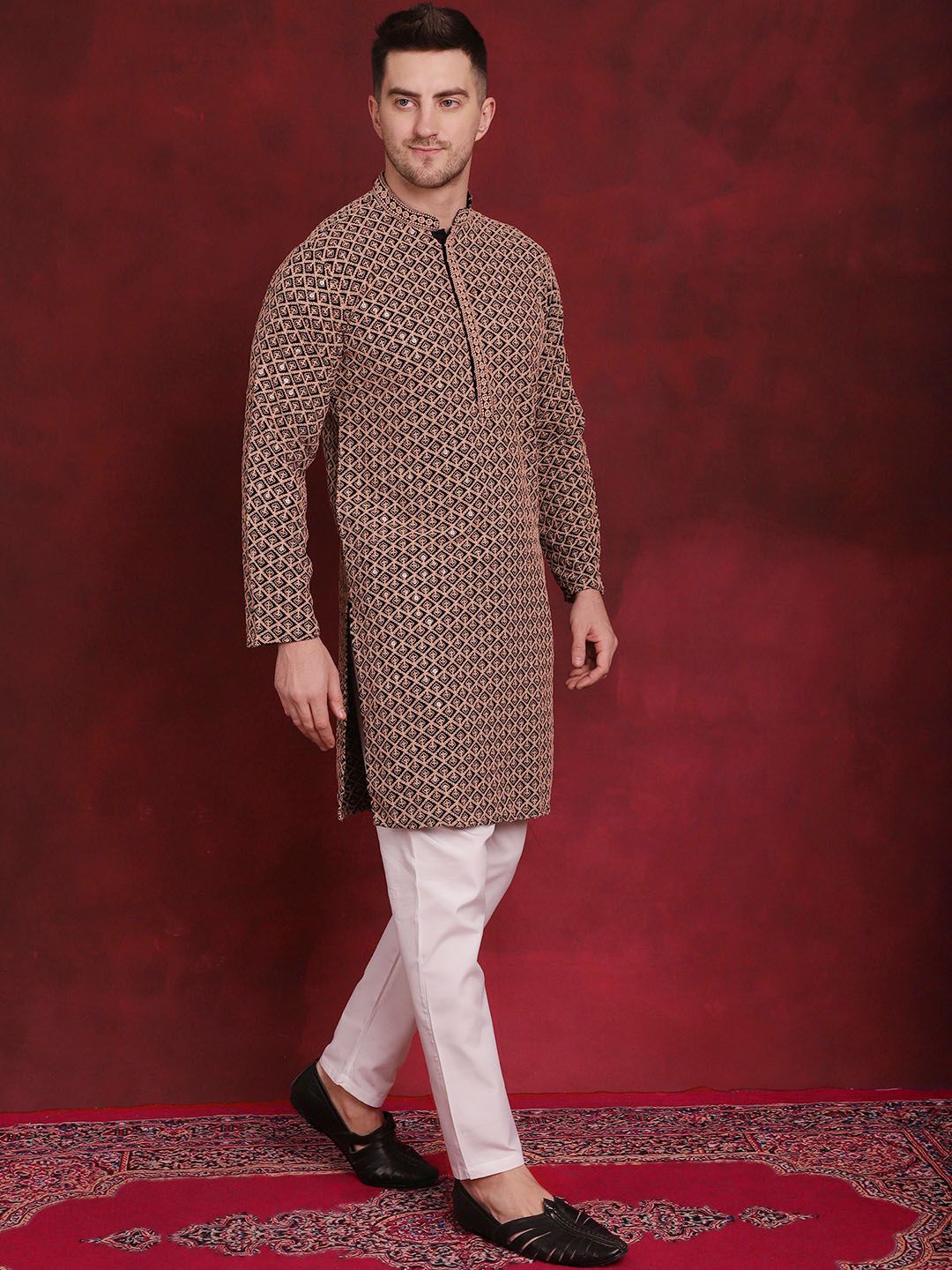 Jompers Geometric Self Design Thread Work Pure Cotton Kurta With Pyjamas