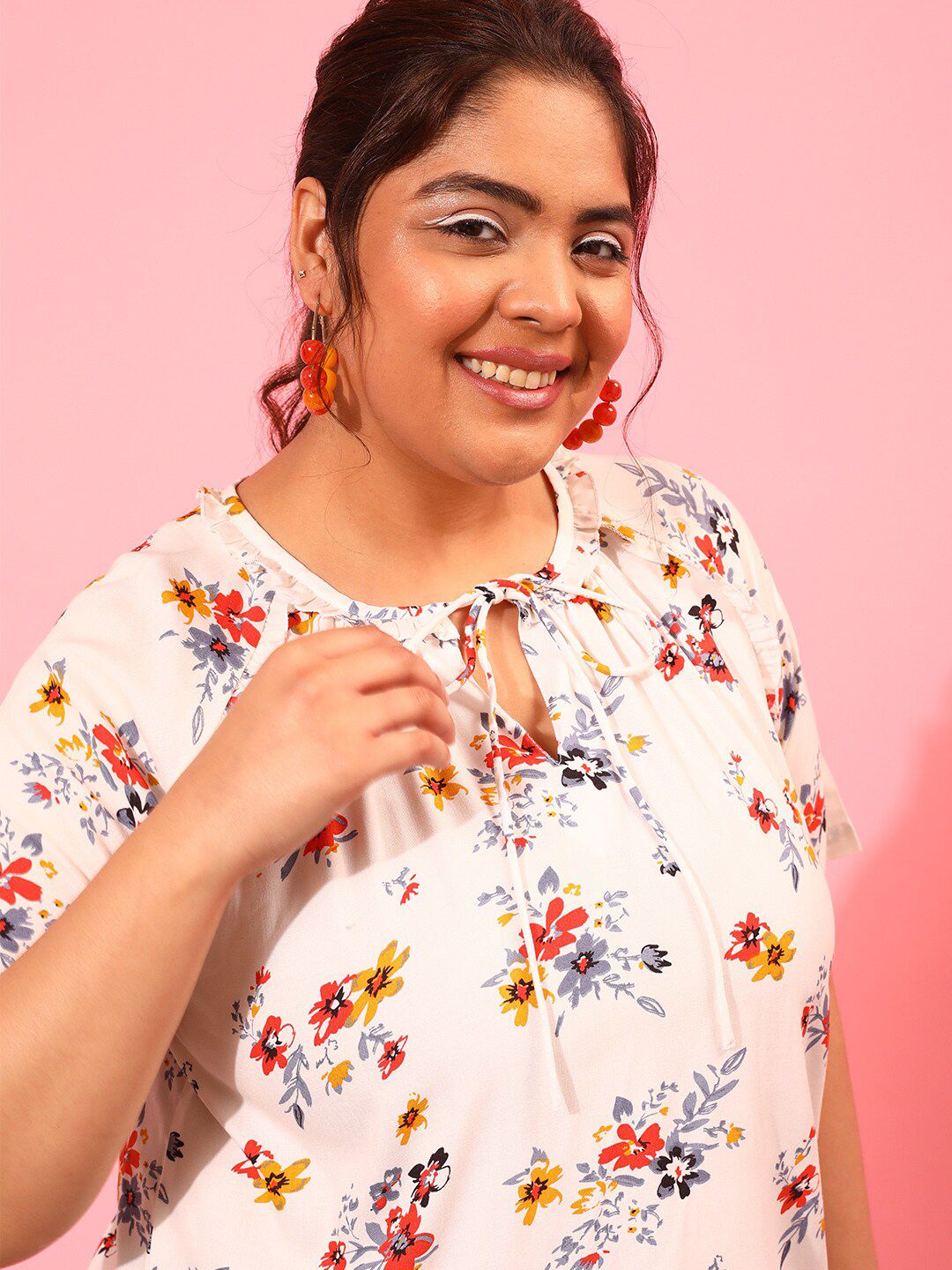 CURVY STREET Tie-Up Neck Floral Printed Top