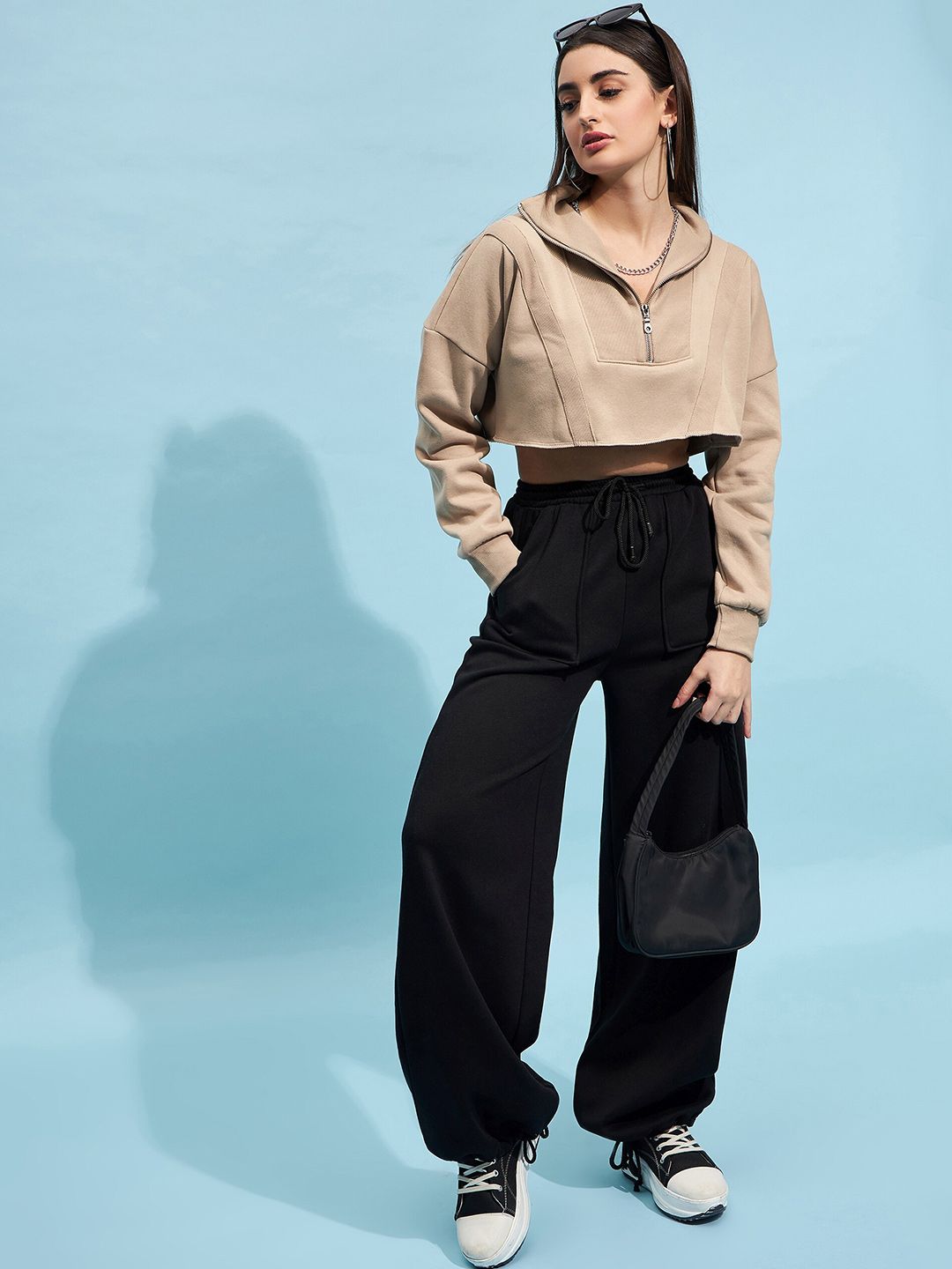 STREET 9 Beige Mock Collar Crop Pure Cotton Sweatshirt