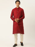 SOJANYA Kurta Motif Etnik Maroon Lelaki dengan Jaket Churidar & Nehru