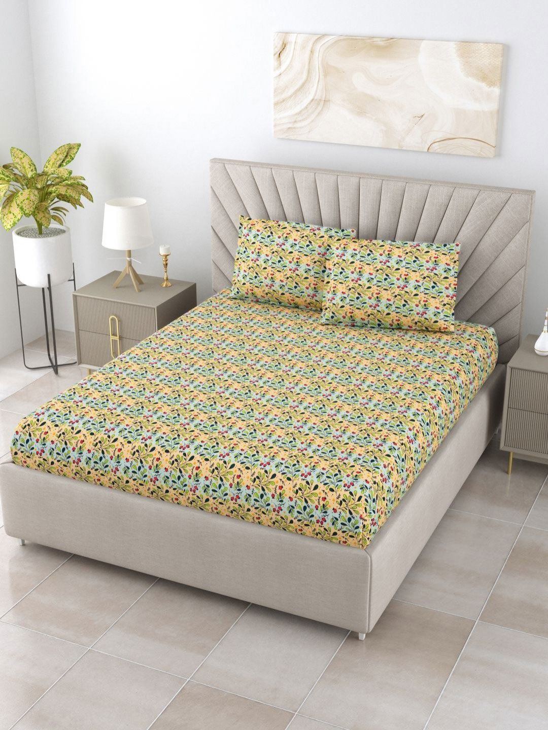 BOMBAY DYEING Dream Lover Green Floral 104 TC Cotton Queen Bedsheet Set-2.24 m X 2.54 m