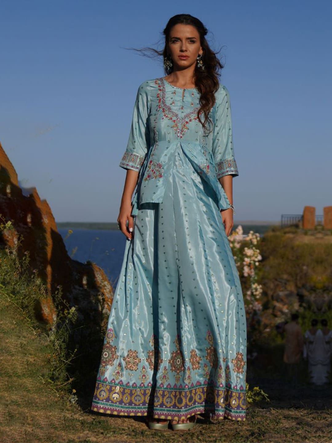 W Blue Ethnic Motifs Keyhole Neck Ethnic Maxi Dress