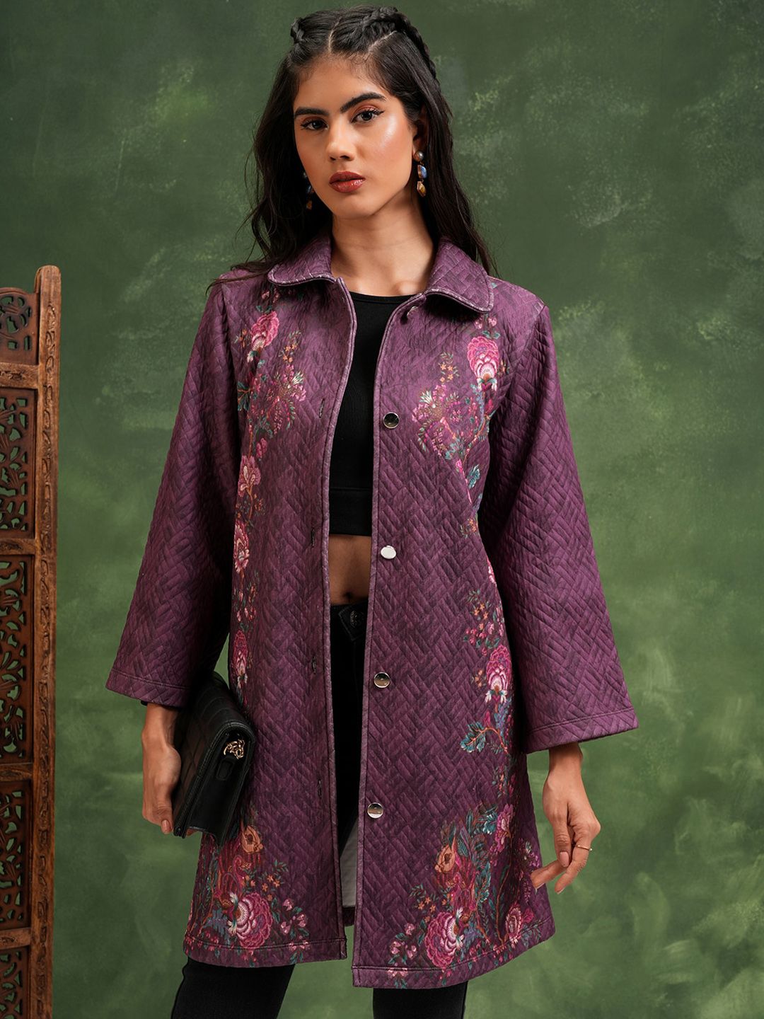 Vishudh Floral Printed Spread Collar Longline Quilted Jacket