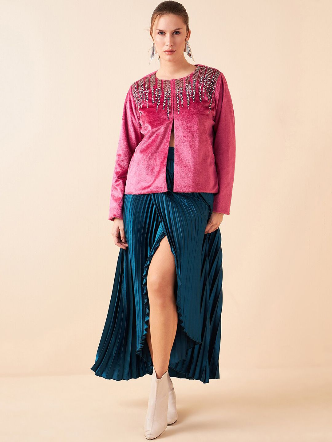 Antheaa Pink Embellished Top With Skirt