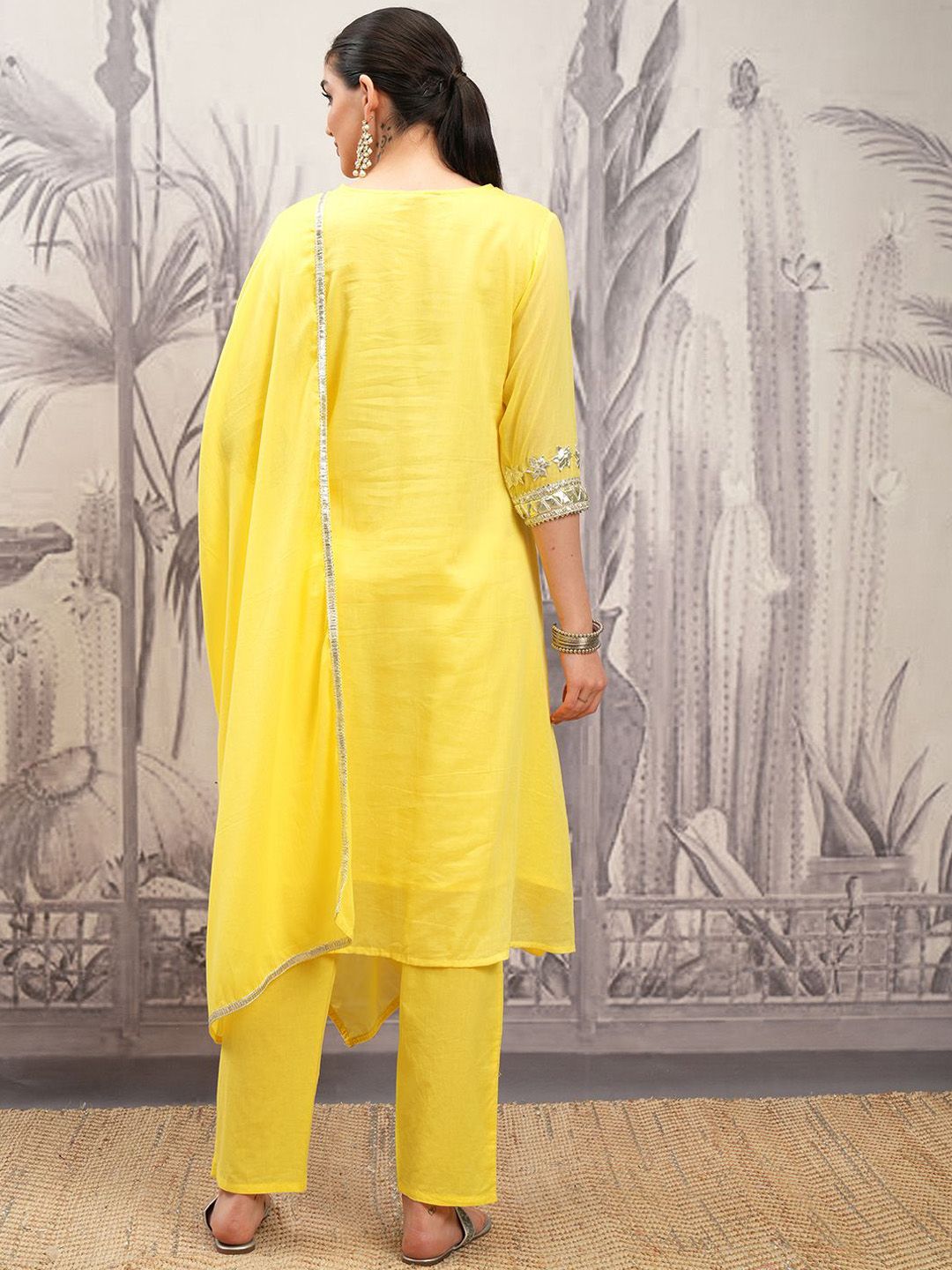 Vishudh Yellow Embroidered Pure Cotton Gotta Patti A-Line Kurta With Trousers & Dupatta