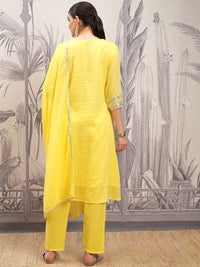 Vishudh Yellow Embroidered Pure Cotton Gotta Patti A-Line Kurta With Trousers & Dupatta
