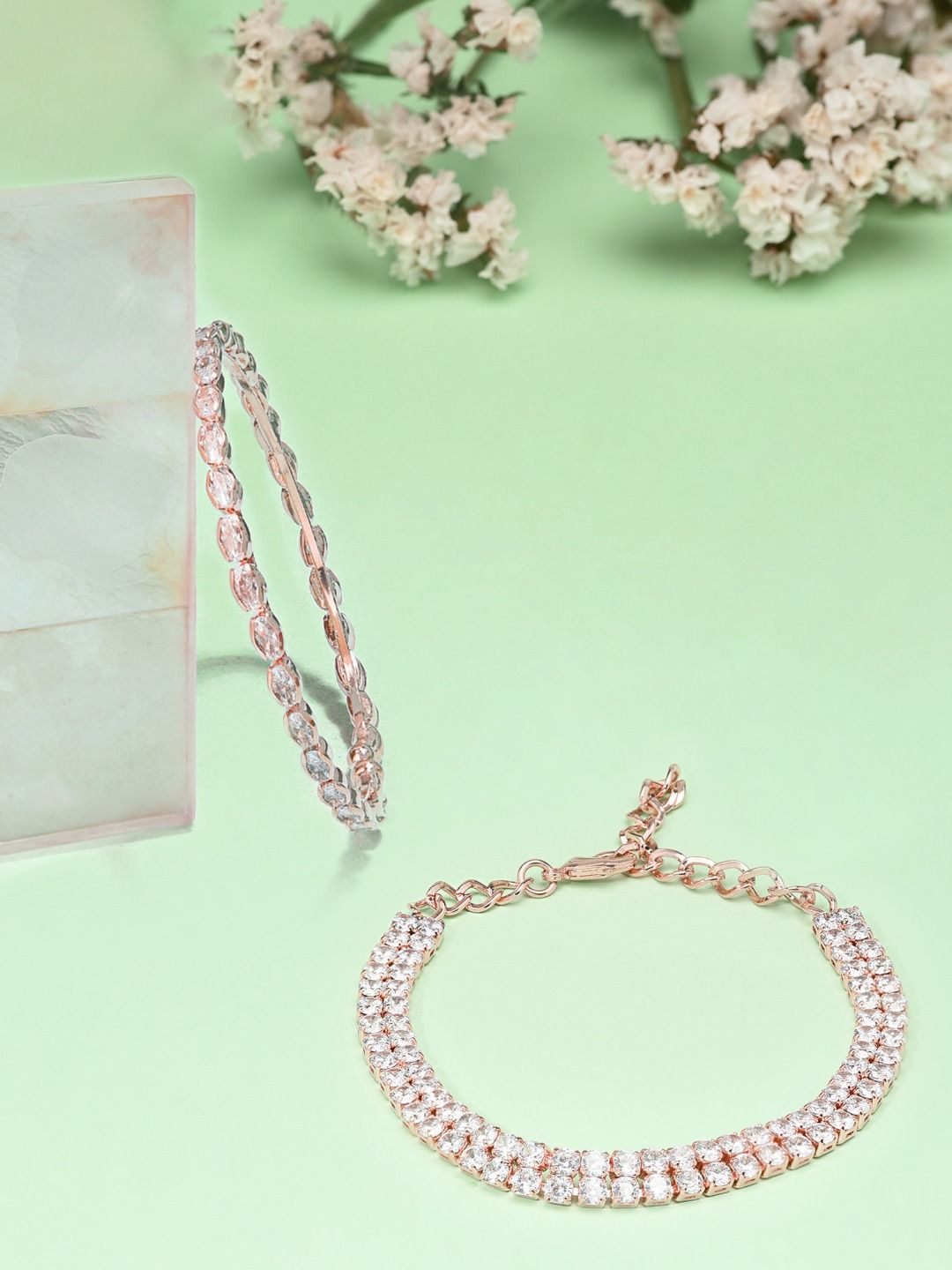 Set Mutiara Zaveri 2 Gelang Salutan Loyang Putih Cubic Zirconia Putih Bersalut Emas
