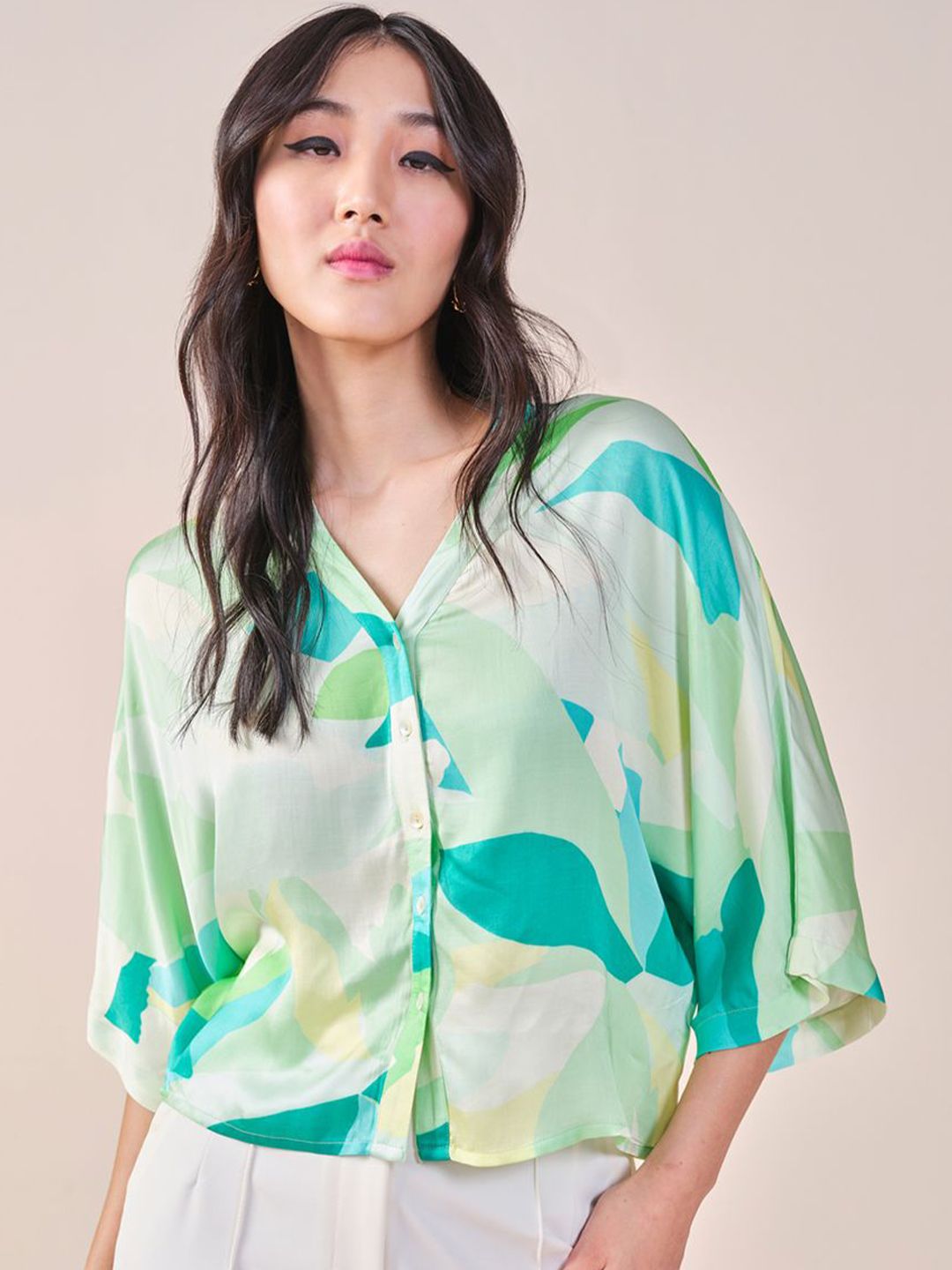 AND viscose rayon tropical print shirt collar extended sleeves shirt style top