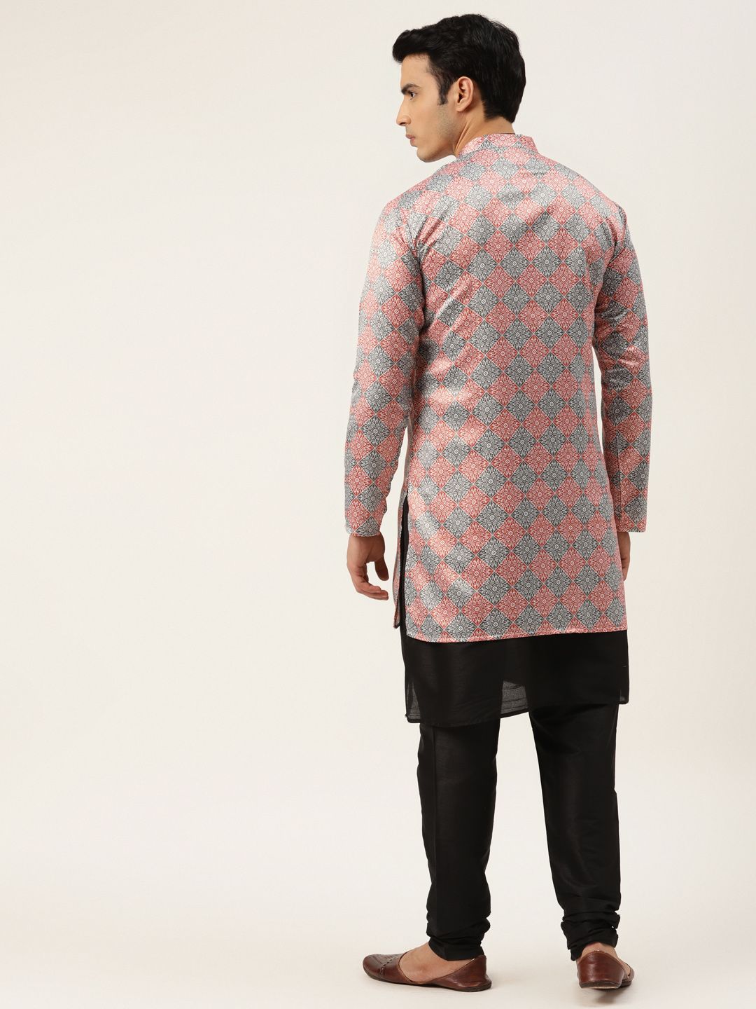 SOJANYA Men Black & Rust Orange Solid Kurta with Churidar & Printed Jacket