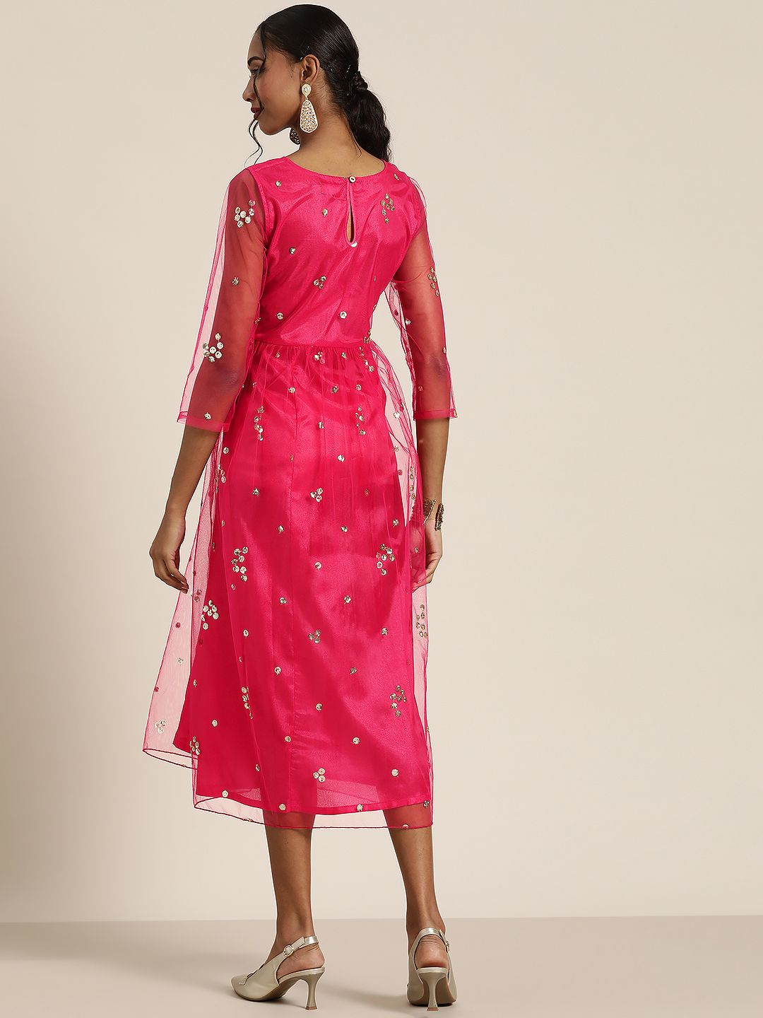 Shae by SASSAFRAS Fuchsia & Gold-Toned Ethnic A-Line Midi Dress